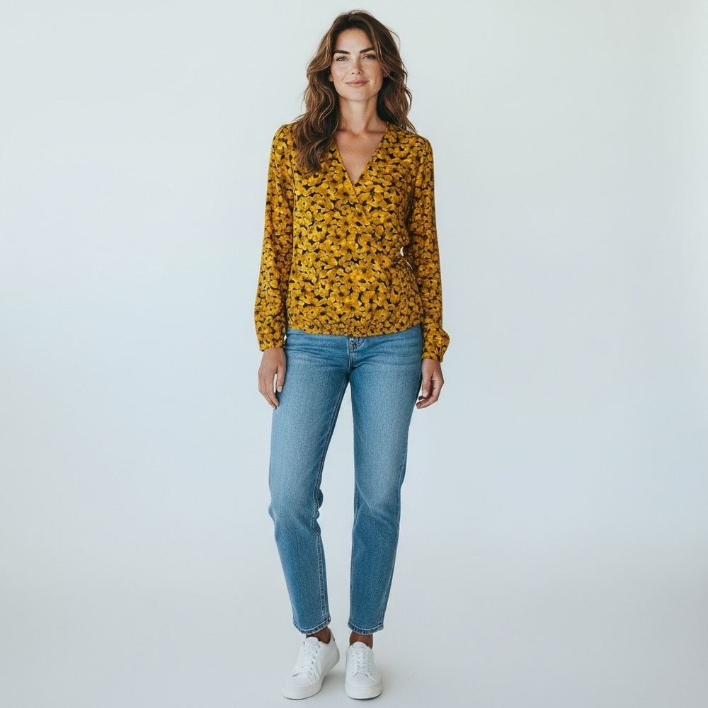 A New Day Women’s Mustard Yellow Floral Faux‎ Wrap Blouse Medium